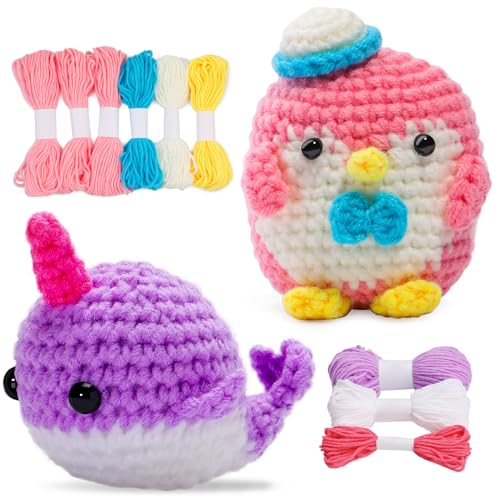 kgxulr Animal Crochet Kit, Knitting Kit for Beginner, Pink Penguin & Purple Whale Crochet Starter Kit for Complete Beginners Adults, Crocheting kgxulr