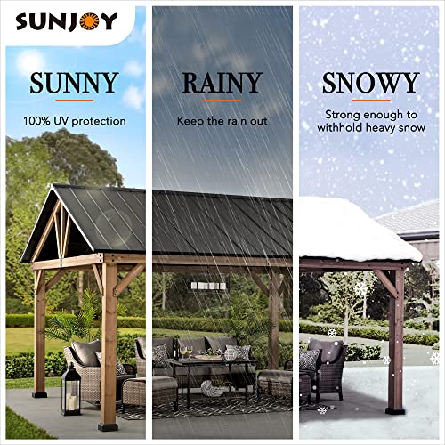 Sunjoy Wood Gazebo 13 x 15 ft. Outdoor Patio Premium Cedar Frame Gazebos with Matte Black Steel Gable Hardtop Roof for Garden, Backyard Shade, Black