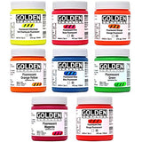 Golden Fluorescent Acrylic Colors Set | 4 Oz Heavy Body Acrylic paint | Complete Set of 8 Fluorescent Colors Golden Acrylics
