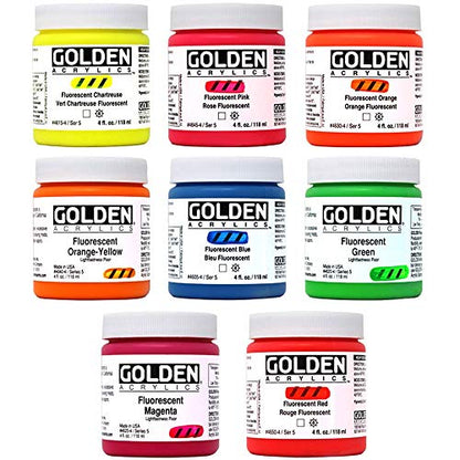 Golden Fluorescent Acrylic Colors Set | 4 Oz Heavy Body Acrylic paint | Complete Set of 8 Fluorescent Colors - WoodArtSupply