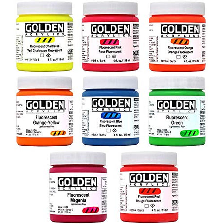 Golden Fluorescent Acrylic Colors Set | 4 Oz Heavy Body Acrylic paint | Complete Set of 8 Fluorescent Colors Golden Acrylics