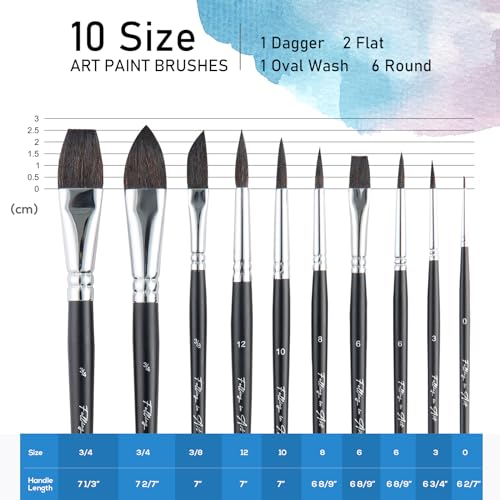 Falling in Art 10Pcs Soft Synthetic Squirrel Hair Paint Brushes - Professional Watercolor Brush Set with Short Handles - Round, Flat, Dagger, Oval Falling in Art