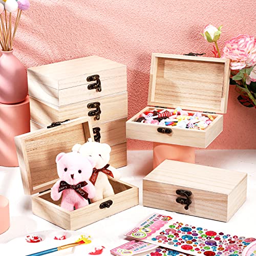 30 Pcs Unfinished Wooden Boxes for Crafts, 16 Pcs 6 x 4 x 2 Inches Wood Treasure Chest Box with Hinged Lids and 10 Pcs Paint Brushes with 4 Sheets