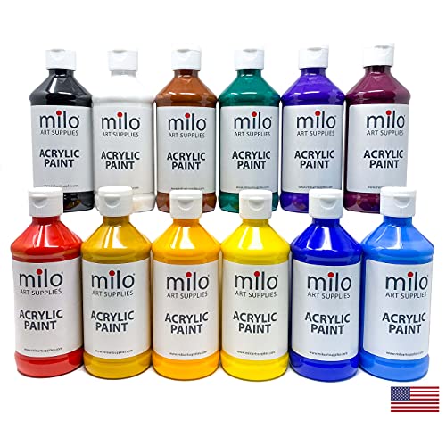 milo Acrylic Paint Set of 12 Colors | 8 oz Bottles | Student Primary Colors Acrylics Painting Pack | Made in the USA | Non-Toxic Art & Craft Paints milo