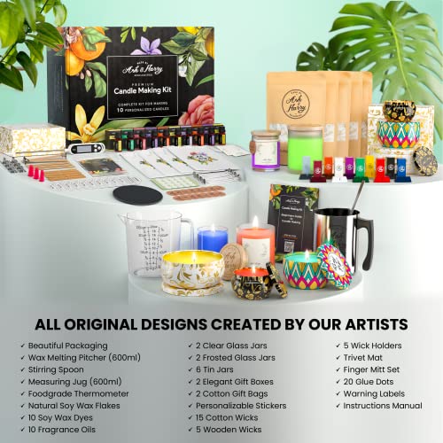 ASH & HARRY (US Based Company Premium Candle Making Kit - Complete DIY Starter Set - Pure Soy Wax, Designer 10 Tin & Glass Jars - 10 CPL Branded ASH & HARRY