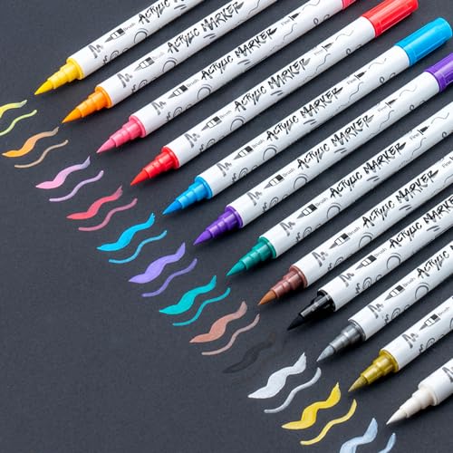 TRANSON 12 Colors Acrylic Paint Marker Pen Set Fine and Brush Dual-tip for Canvas Rock Wood Leather Ceramic DIY Painting TRANSON