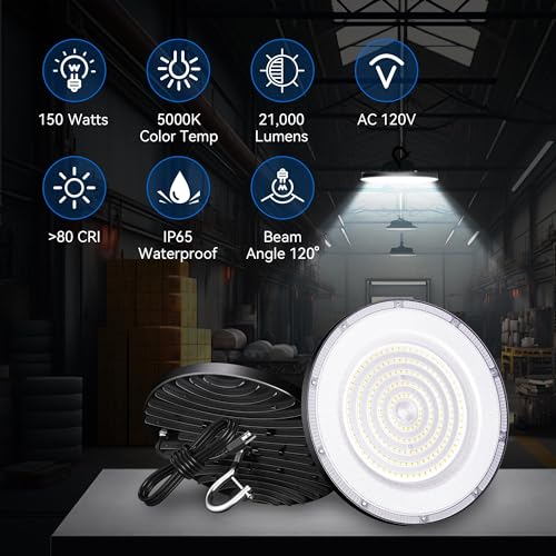 Yihuven 2 Pack UFO Led High Bay Light 150W(600W MH/HPS Equiv.), 21000lm, 5000K Daylight, IP65 Waterproof Commercial Light Fixture with 5' Cable US