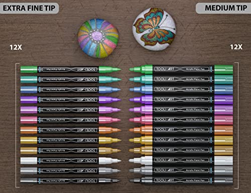 Acrylic Paint Markers Paint Pens Special Colors Set Extra Fine And Medium Tip Combo For Rock Painting, Canvas, Fabric, Glass, Mugs, Wood, Ceramics, TOOLI-ART