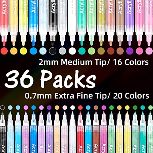 JR.WHITE 36 Pack Acrylic Paint Marker Pens for Rock Painting, Wood, Canvas,  Ceramic, Glass, Fabric,Arts Crafts Supplies for Adults Kids-Fine Tip 