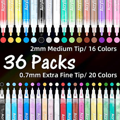 JR.WHITE 36 Pack Acrylic Paint Marker Pens for Rock Painting, Wood, Canvas, Ceramic, Glass, Fabric,Arts Crafts Supplies for Adults Kids-Fine Tip &