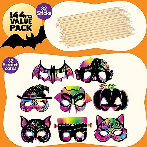 JOYIN 32 Pcs Halloween Mask Craft Kit for Kids, DIY Rainbow Scratch Art Masks for Halloween，Kids Magic Scratch Paper Animal Masks, Halloween Party - WoodArtSupply