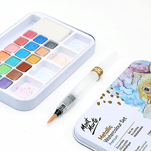 MONT MARTE Premium Metallic Watercolor Cake Set, 21 Piece, 18 Colors, 1 Water Brush, 1 Sponge, 4 Mixing Wells MONT MARTE