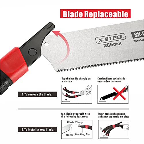 Japanese Pull Saw Hand Flush deep Cutting Trim Saw 10-2/5 Inch （265MM) SK-5 Steel Blade Razor Fine Teeth Saw with Non-slip Rugged curved Handle Ideal X-STEEL