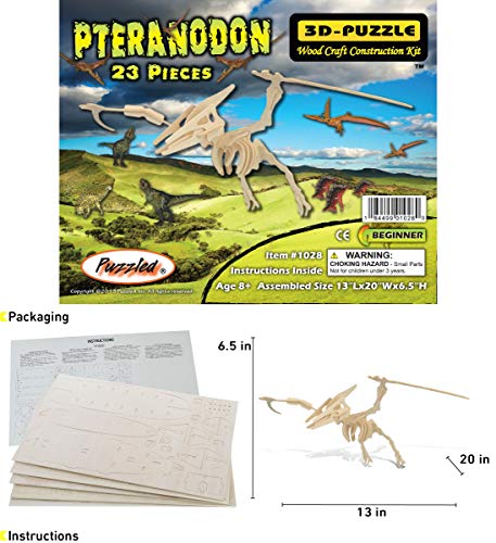 Puzzled Pteranodon 3D Woodcraft Jigsaw Construction Puzzle Kit - Wooden Flying Dinosaur Skeleton Model 23 Pieces Precut Woods - Awesome Brain Teasing - WoodArtSupply