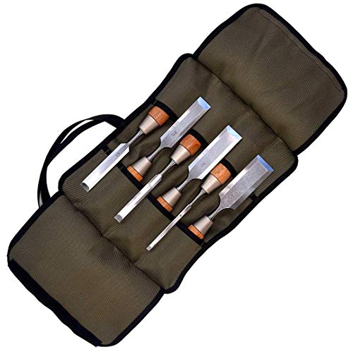 KAKURI Japanese Wood Chisel Set 6 Pcs, Japanese & Western Mixed Style, Made in JAPAN, Professional Heavy Duty Chisels NOMI with Carrying Case for KAKURI