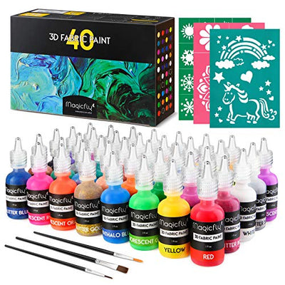 Magicfly 3D Fabric Permanent Paint 40 Color, Puffy Paint with Vibrant Colors, 3 Bonus Brushes & Stencils, Ideal for Textile T-Shirts Fabrics Canvas