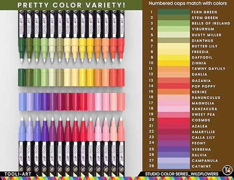 28 Wildflower Colors Acrylic Paint Pens Studio Color Series Markers Set 0.7mm Extra Fine Tip, Rock Painting, Glass, Mugs, Wood, Metal, Canvas, DIY, TOOLI-ART