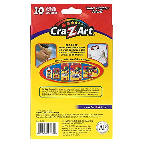 Cra-Z-Art Super Washable Markers, Fine Tip, Assorted Barrel, Assorted Ink, Pack Of 10 Markers - WoodArtSupply