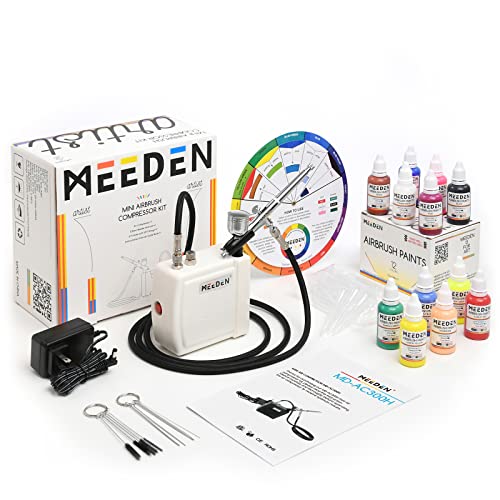 MEEDEN Mini Airbrush Kit, Dual-Action Gravity Feed 0.5mm Airbrush, 12 Colors Airbrush Paint Set, Multi-Purpose Portable Compressor Set for Art Craft, MEEDEN