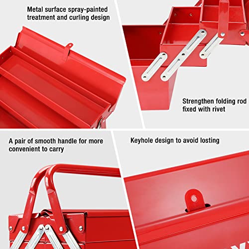 WORKPRO Metal Tool Box, 18-inch Cantilever Folding Red Storage Box, 3-Layer 5-Tray Multi-Function Tool Organizer, Red WORKPRO