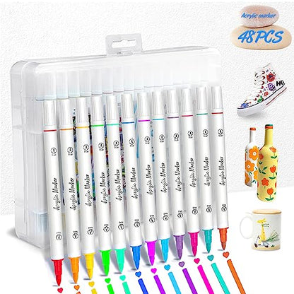 Acrylic Paint Marker Pens 48pcs, Dual Tip Pens With soft Tip and Hard Tip, Fine Point Acrylic Paint Markers for Wood, Canvas, Stone, Rock Painting, - WoodArtSupply