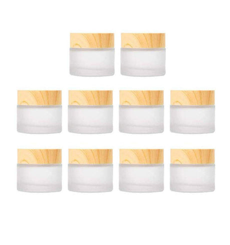 Healthcom 10 Pcs 5 Grams/5 ML Empty Frosted Glass Cream Jars Bottle Vials with Wood Grain Lid Lotion Jars Cosmetic Comtainers Refillable Glass Cream Healthcom