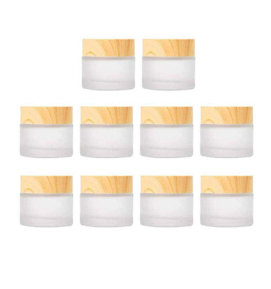 Healthcom 10 Pcs 5 Grams/5 ML Empty Frosted Glass Cream Jars Bottle Vials with Wood Grain Lid Lotion Jars Cosmetic Comtainers Refillable Glass Cream - WoodArtSupply