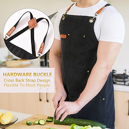 Aoomzoon Canvas Aprons for Men Chef Apron, Work Apron with Large Pockets - Durable 16oz Heavy Duty Cross Back, BBQ, Cooking (Black②, 1 Pack) Aoomzoon