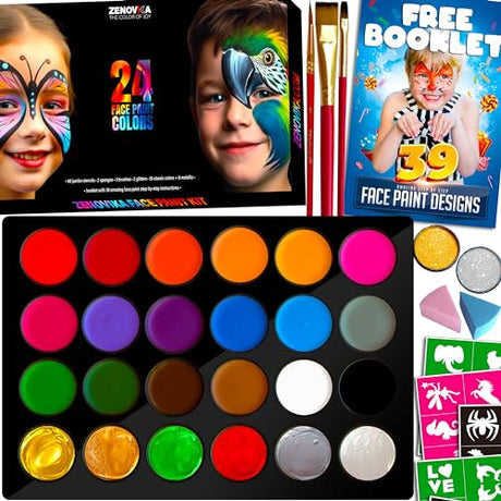 Zenovika Face Painting Kit for Kids - Non-Toxic and Hypoallergenic Face Paint Kit with 24 Colors, Stencils, Book, and Professional Halloween Makeup Zenovika