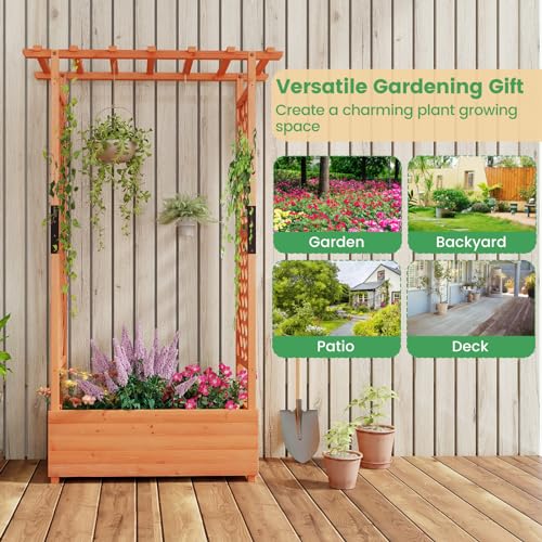 Giantex Raised Garden Bed with 2-Sided Trellis & Hanging Roof, Fir Wood Planter Box w/Drainage Holes, Bottom Gaps, Freestanding Garden Planter for Giantex