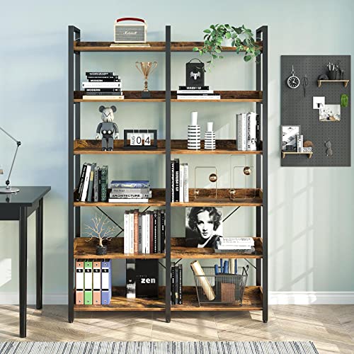 Seventable 6-Tier Rustic Brown Industrial Bookshelf with Hooks and Open Shelves Seventable