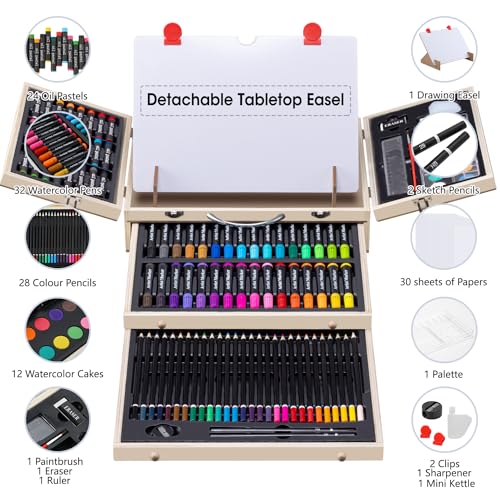 Art Supplies, Deluxe Kids Art Set with Drawing Easel, Crafts Kit in Portable Wooden Case, Oil Pastels, Colored Pencils, Watercolor Cakes, Sketch POPYOLA