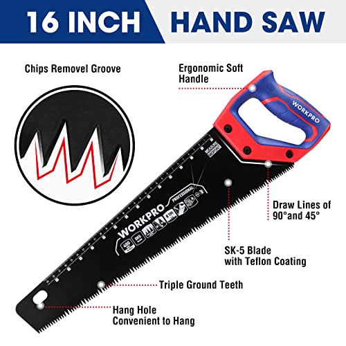 WORKPRO Hand Saw, 16-Inch Universal Handsaw with Non-Slip Comfortable Handle, Anti-rust Wood Saw With Chip Removal Design, Heavy-Duty Hand Saw for - WoodArtSupply