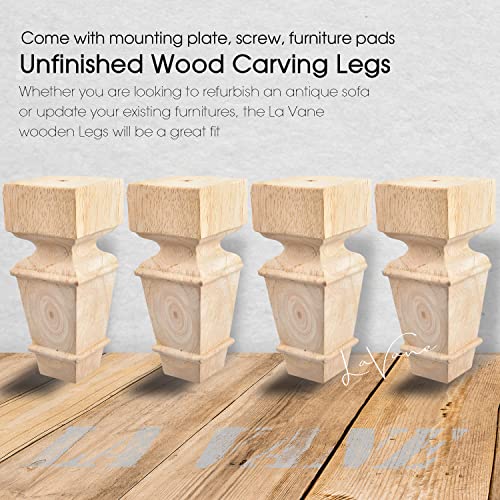 6 inch / 15cm Wooden Furniture Legs, La Vane Set of 4 Carved Geometry Solid Wood Unfinished Replacement Bun Feet with Mounting Plate & Screws for La Vane