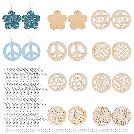 SUNNYCLUE 1 Set DIY 40 Pairs Unfinished Natural Wooden Hollow Earring Mamking Kit Blank Wood Pendant Charms Bulk with Hole Earring Hook Jump Ring for SUNNYCLUE