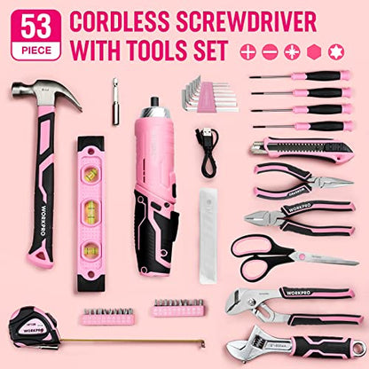 WORKPRO 53-Piece Pink Tool set with Electric Cordless Screwdriver, Basic Tool Kit Set for Women with 13'' Portable Tool Bag for DIY Home