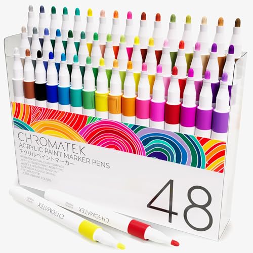 CHROMATEK Acrylic Paint Pens for Rock Painting, Ceramic, Glass, Wood. 48 Vibrant Opaque Colors. Medium Tip. Waterproof. Quick Drying. Never Fade. - WoodArtSupply