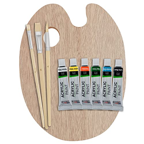U.S. Art Supply Artist Painting Set with 6 Vivid Acrylic Paint Colors, Wood Painting Palette, 3 Brushes - Basic Artwork Project Essentials - Fun US Art Supply