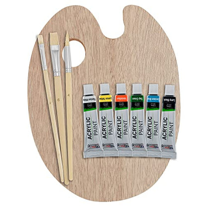 U.S. Art Supply Artist Painting Set with 6 Vivid Acrylic Paint Colors, Wood Painting Palette, 3 Brushes - Basic Artwork Project Essentials - Fun - WoodArtSupply