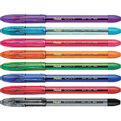 Pentel® R.S.V.P.® Ballpoint Pens, Medium Point, 1.0 mm, Clear Barrel, Assorted Ink Colors, Pack Of 8 - WoodArtSupply