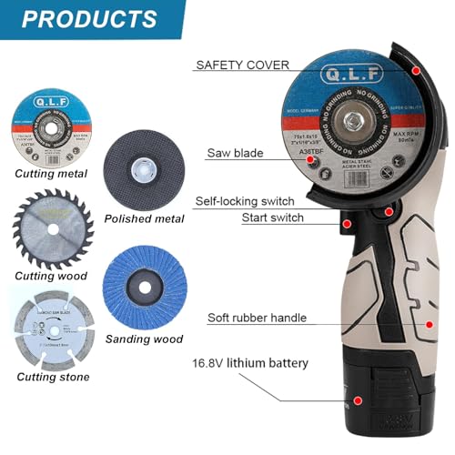 ZFULVO Cordless Brush Angle Grinder Kit, 19500rpm Mini Electric Angle Grinding Tool with 1pcs 16.8V 2000mAh Batteries and 5-Cutting Discs, Grinder Handheld Cutter for Metal Wood