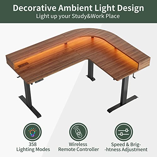 FEZIBO Triple Motor L Shaped Stadning Desk with LED Strip & Power Outrlets，63 inches Height Adjustable Stand up Corner Desk with Ergonomic Monitor FEZIBO