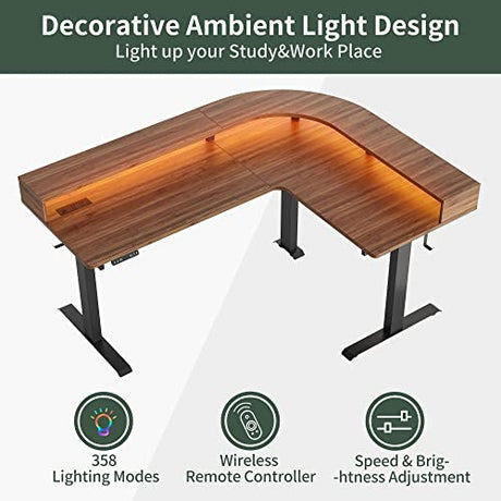 FEZIBO Triple Motor L Shaped Stadning Desk with LED Strip & Power Outrlets，63 inches Height Adjustable Stand up Corner Desk with Ergonomic Monitor FEZIBO
