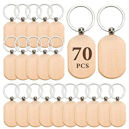 Auihiay 70 PCS Wooden Keychain Blanks, Wood Engraving Blanks Key Chain, Unfinished Rectangle Round Wood Key Tag for DIY Crafts (Rectangle) - WoodArtSupply