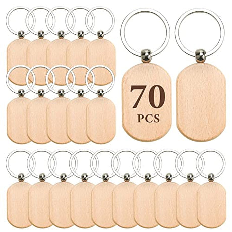 Auihiay 70 PCS Wooden Keychain Blanks, Wood Engraving Blanks Key Chain, Unfinished Rectangle Round Wood Key Tag for DIY Crafts (Rectangle) Auihiay