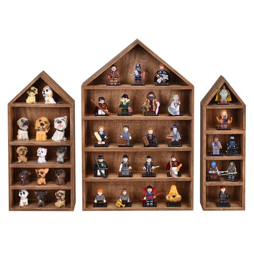 Ikee Design 3 Pcs Set House-Shaped Shelf Wooden Shadow Cubby Box Display Shelf Organizer Storage Display Shadow Box for Mini Figures,15 Compartments, Ikee Design