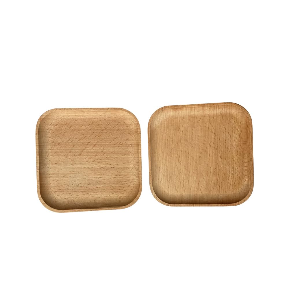 Set of 2 Square Decorative Tray 5''X5'' Tableware Serving Tray for Cake Coffee Tea Jewellery Key Coin Storage Natural Wood Dessert Tray, Wooden