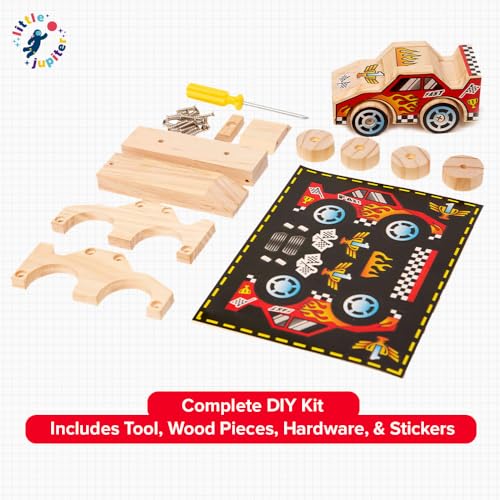DIY Wooden Race Car w/ Stickers - Kids Building Kit - Stem Building Toys - Wood Crafts for Kids - Building Kits for Kids - Woodworking Kits for Kids Little Jupiter
