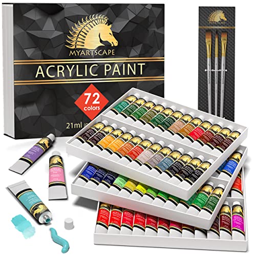 MyArtscape Acrylic Paint Set - 72 x 21ml Tubes with 3 Paint Brushes Art Supplies - Heavy Body Acrylic Paint Ideal Painting Kits for Adults MyArtscape