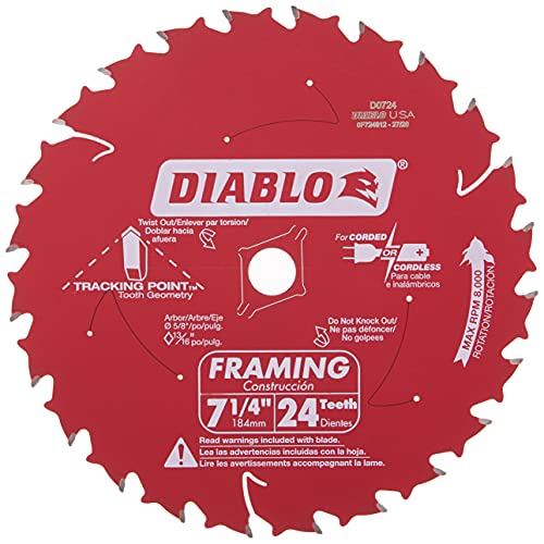Diablo D0724A 7-1/4in 24T ATB Framing Saw Blade 5/8in & Diamond Knockout Arbor Freud